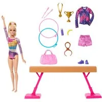 Mattel® Anziehpuppe Barbie Turnspaß-Spielset - Blonde bewegliche Puppe mit Schwebebalken