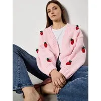 Apricot Cardigan Grobe Strickjacke mit Erdbeerstickerei