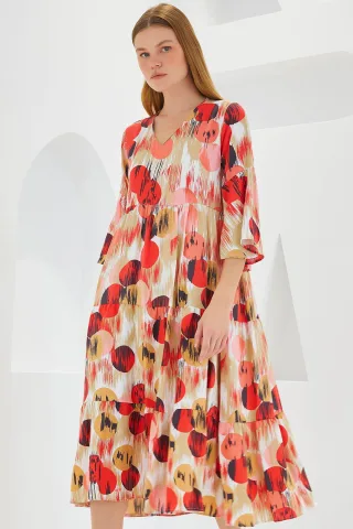 Mustered V-Ausschnitt Midikleid mit kurzen Ärmeln