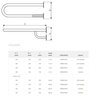 Terma Stützgriff horizontal 230/180/600, Profil oval 38/20, WBWOL002, in allen RAL Farben WBWOL002