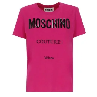 Moschino Couture - T-Shirt in Fuchsia mit glänzendem Logo
