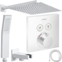 Hansgrohe und Jowi Duscharmatur ShowerSelect Unterputz Duscharmatur, Thermostat, Weiß, Regendusche (Unterputz-Duschsystem, Set) Mattweiß, Thermostat