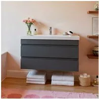 Karen Waschtisch-Set Waschtisch mit Unterschrank Lara, (Komplett-Set, Standartmäßig 2-Teilig (Unterschrank, Waschbecken), Optionaler Hochschrank, 2-St., Unterschrank mit Schubladen), Minimalistisch, Geradlinig, Matt-Beschichtung, Softclose, Griffleis