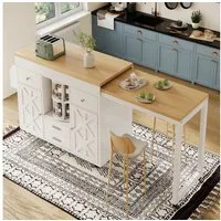 i@home Bartisch Kücheninsel (bewegliche Kücheninsel mit Rollen und Arbeitsplatte, 1-St., mit 4 Schubladen, drehbarer Organizer, 110–180×40×91 cm), Ausziehbarer Bartisch mit Stauraum, Landhaus X-Muster Türen