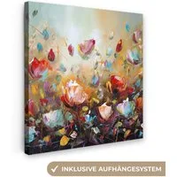 OneMillionCanvasses® Leinwandbild Blumen - Kunst - Natur - Ölfarbenoptik, Fotodruck (1 St), Wandbild, Deko Schlafzimmer Wohnzimmer Flur 20x20 cm