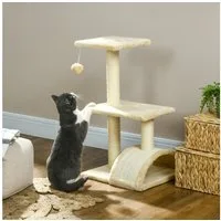 PawHut Kratzbaum mit Plüschballen, Sisalstämme, Plattform, Kratzbrett, für mittelgroße Katzen, Cremeweiß