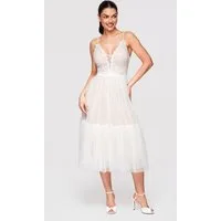 OMBRE Abendkleid Damen Midi-Kleid Spitze Tüll Cocktail Weiß S (kein Set, 1-tlg) Mehrlagiger Rock aus Mesh