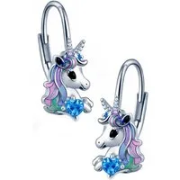 Limana Paar Ohrhänger Kinder Einhorn Pferde hängende Ohrringe 925 Silber bunt Brisur Mädchen (inkl. Dose Silberschmuck Echtschmuck Schmuck Geschenk für Geburtstag), Ostern Einschulung Schulanfang Nikolaus Kommunion Weihnachten