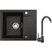 manestein Granitspüle Rino Granit Küchenspüle mit Schwarz Armatur und Siphon 59x44cm, Rechteck, 59/16 cm, (inklusive ablaufgarnitur und Armatur), mit verkürzte Abtropffläche