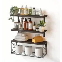 BlingBin Wandregal Badregal 3er Set Natur-Schwarz, Küchenregal, 3er Set (2 x Holzregal, 1 x Holzregal mit Drahtkorb) 3-tlg., Wandregal Holz-Metall für Toilettenpapier, Handtücher und Deko