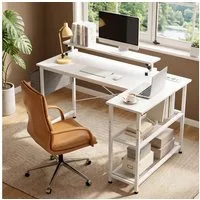 oyajia Schreibtisch Gaming Tisch Eckschreibtisch mit Regal USB-Ladeanschluss und Steckdose (Platzsparender Weißer Computertisch, Kleiner Schreibtisch Geeignet für Home Office), 108cm Computertisch L Form
