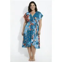 Ulla Popken Strandkleid Wickel-Kaftan Meeresmotive V-Ausschnitt Halbarm