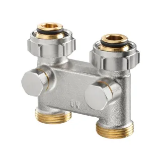 Oventrop Umlenkstück mit Absperrung 1016362 Durchgang, 50mm, 3/4"ÜMx3/4"AG, vernickelt