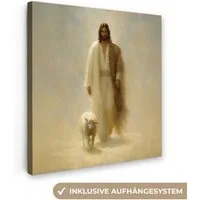 OneMillionCanvasses® Leinwandbild Schaf - Jesus - Pinselstriche - Abstrakt, Fotodruck (1 St), Wandbild, Deko Schlafzimmer Wohnzimmer Flur 20x20 cm