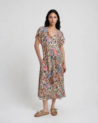 Smith&Soul - Gathered Waist V-neck Dress beige print - Gr. - XS