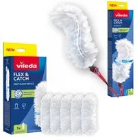 Vileda Staubwedel Flex Catch Handfeger mit langem Stiel, 6 Ersatzblätter, 1 im Set mit dem Staubwedel + Packung mit 5 Stück