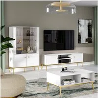 Lomadox Wohnzimmer-Set GUBIN-131, (Mega-Spar-Set, 3-St., Highboard Lowboard Couchtisch), weiß Hochglanz, goldfarbene Details, Wohnwand, Anbauwand