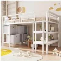 Flieks Hochbett Kinderbett Metallbett 90x200cm mit breiter Treppe, Schubladen, Regalen