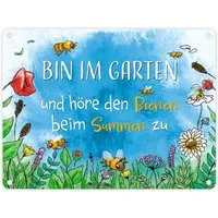 speecheese Metallschild Bin im Garten Metallschild in 15x20 cm mit Blumenwiese und Bienen