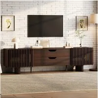 Merax Lowboard Wohnzimmerschrank in dunklem Nussbaumholz (1 St), TV-Schrank mit 2 Schubladen und Lamellentüren,180x40x45cm