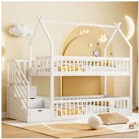 Merax Etagenbett (Hochbett Jugendbett Hausbett, 1-St), Holz Kinderbett 90x200cm mit Treppe Dach Stauraum Spielbereich Tür