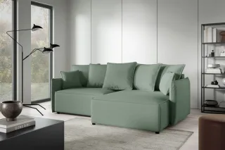 Ecksofa Schlafsofa Sofa MINEA in Stoff Abriamo Hellgrün Ottomane Rechts