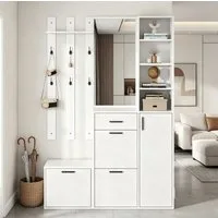 OKWISH Garderoben-Set Flurschrank mit Spiegel & 6 Haken, (1-St., Weiß, 120×178×30 cm, MDF+Spanplatte), 3 Klapp-Schuhschränke, 13 Fächer