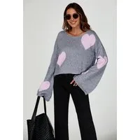 FS Collection Strickpullover Oversize Pullover mit weiten Ärmeln und Herzmuster – Strickwaren (Einheitsgröße: UK 8–12 / EU 36–40, 3 Farben : Rosa - Hellgrau - Dunkelgrau) 100 % Acryl
