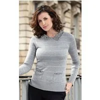 Passioni Strickpullover mit grauen Streifen, Kragen in Größe XS