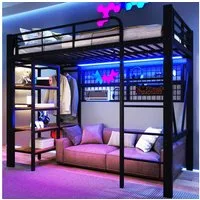 BlingBin Hochbett Jugendbett Kinderbett Funktionsbett mit LED-Beleuchtung (Einzelbett, 1-St., mit Ablagefach, Gegenständen, Kleiderstange und offener Raum) 90 x 200 cm, Ohne Matratze, Schwarz