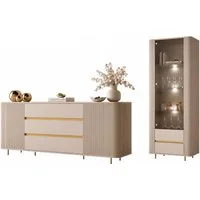 ALLHOUSE24 Wohnzimmer-Set MIRACLE II GOLD, Kommode, Vitrine, Sandbeige, LED, PUSH TO OPEN, (2-St., Das Set besteht aus: Kommode, Vitrine), Breite: Vitrine: 76 cm, Kommode: 180 cm
