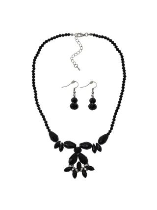 Steuer Modeschmuck Set Kette Ohrringe Messing geschwärzt Glasstein Schwarz