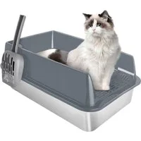 JEOBEST Katzentoilette Katzenklo Edelstahl L, Offene Katzenklo, Nicht klebrig, mit Pedals und Schaufel, Geruchsfrei und langlebig