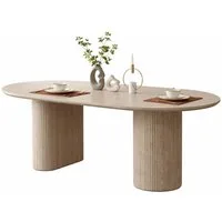 HOOZ Wohnzimmertisch Esstisch oval modern Keramikplatte Traventin-Optik Säule Rund 180x90cm (Set), Keramik-Tischplatte, verschiedene Varianten, pflegeleicht & stabil