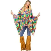 Fun World Hippie-Kostüm Hippie Batik Poncho Fasching Karnevalskostüm Damen, Weiter Poncho mit Fransen und psychedelischem Aufdruck