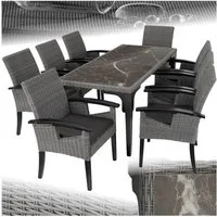 tectake Sitzgruppe Rattan Tisch mit 8 Stühlen, Armlehnen und Beine aus Holz, (Loungeset, 9-tlg., für Außen in Grau), 2 abnehmbare Feinsteinzeugplatten, wetterfest und UV-beständig