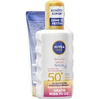 Nivea Sun Sonnenschutzspray Sensitiv Spray LSF50+ mit Kids To Go Größe Gratis, 2-tlg., Sensitiv Spray LSF50+ mit Kids To Go Größe Gratis, mit Aloe Vera & Antioxidantien, duftfrei, wasserfest