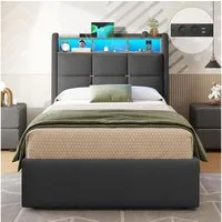MSMASK Polsterbett mit LED Beleuchtung und Steckdosenleiste, hydraulisches Stauraumbett (1-tlg., Ohne Matratze), Jugendbett mit Bettkasten Stauraum