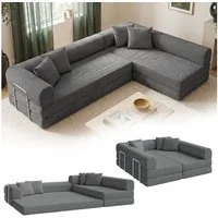 skølm Sofa & Sessel Lofn aus Vollschaum Cord, umwandelbar zum Schlafsofa/-Sessel, Dunkelgrau, Ecksofa 300 cm breit, 4 Sitzer, kein Aufbau erforderlich, vakuumiert