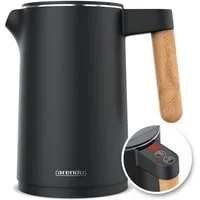 Arendo Wasserkocher Edelstahl, Temperatureinstellung 40° - 100 °C mit Anzeige, Doppelwand, 1,5 l, 2200 W, Warmhaltefunktion, 360° Basis, mit Griff in Holzoptik, BPA-frei