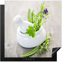 MuchoWow Herd-Abdeckplatte Kräuter - Grün - Weiß - Glas, Vinyl, (1 tlg), Cerankochfeld Abdeckung, Herd Abdeckplatten Vinyl, 58x59 cm
