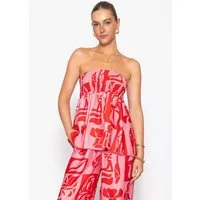 SASSYCLASSY Bandeautop Bandeau Top mit Kunstprint für Damen Gesmoktes Top mit locker fallendem Volant in fließender Passform
