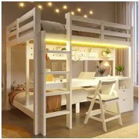 Flieks Etagenbett, Kinderbett 90+140x200cm mit Lichtleiste, Schreibtisch und 2 Schubladen
