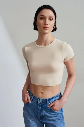 Damen Crop Slim-Fit Rundhalsausschnitt T-Shirt