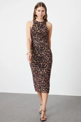Damen-Midikleid mit mehrfarbigem Tiermuster, ärmellos, tailliert, für Abschlussball/Abend
