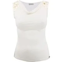 Passioni T-Shirt Top mit drapiertem Ausschnitt und Blumendetail in Weiß