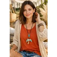 Ella Jonte Kette mit Anhänger, Lange Boho Halskette mit Palmen-Anhänger im Ibiza-Style