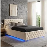 tectake Polsterbett Komfortbett mit LED-Leisten & Stauraum - Samtoptik mit Steppmuster (Bettset, in Samtoptik Sand), stabiler Stahlrahmen, Belastbarkeit 200 kg