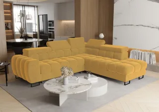 Ecksofa Schlafsofa BASTIEN MAX in Stoff Terra Honiggelb Ottomane Rechts