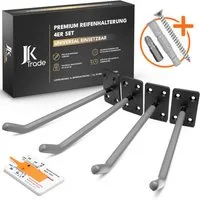 JK Trade Reifen-Wandhalterung 4er Set für Auto Felgen bis 40 kg, (bis 22 Zoll, 4x Reifenhalterung, 16x Schrauben & Dübel, Torx & Profiltiefenmesser, Massiver Stahl mit rutschfester Gummierung)